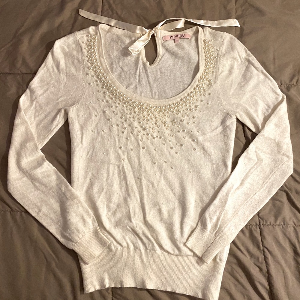 Pearl Embellished Cream Scoop Neck Sweater